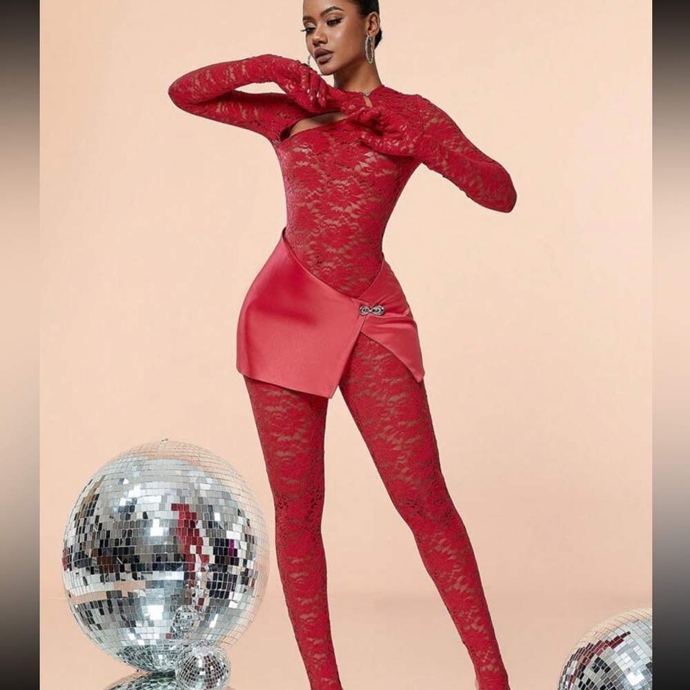Lace jumpsuit with satin skirt